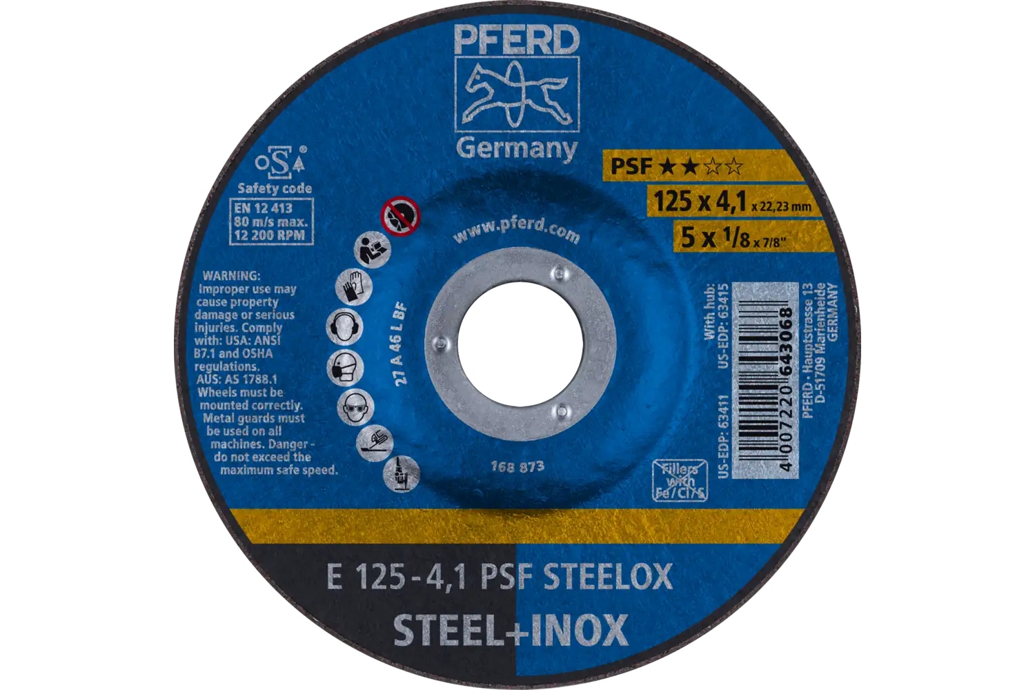 Picture of Pferd Grinding Wheel, 5" X 1/8 X 7/8, Psf Steelox, T27, Aluminum Oxide